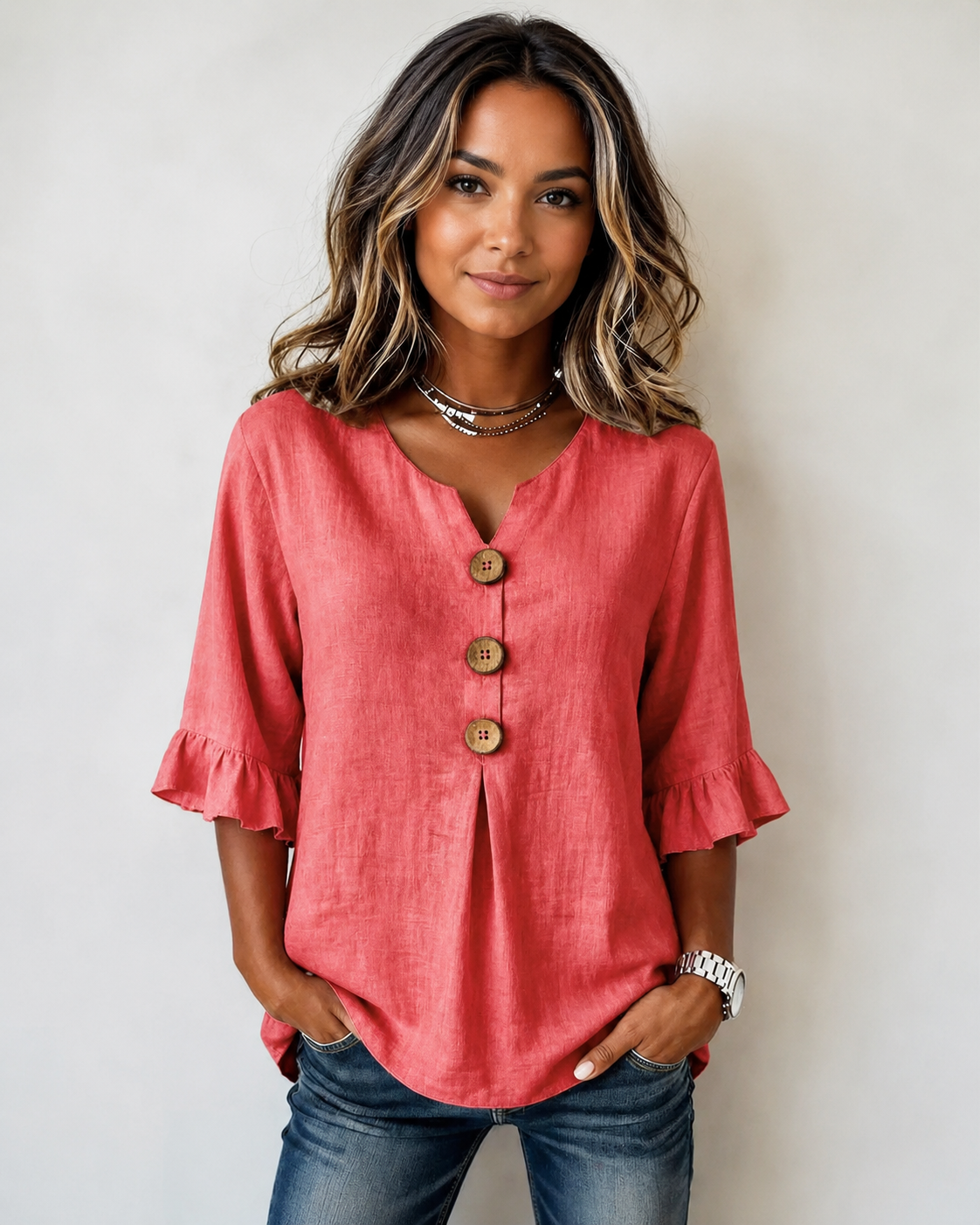 Glenda - Trendy V-Neck Button Blouse