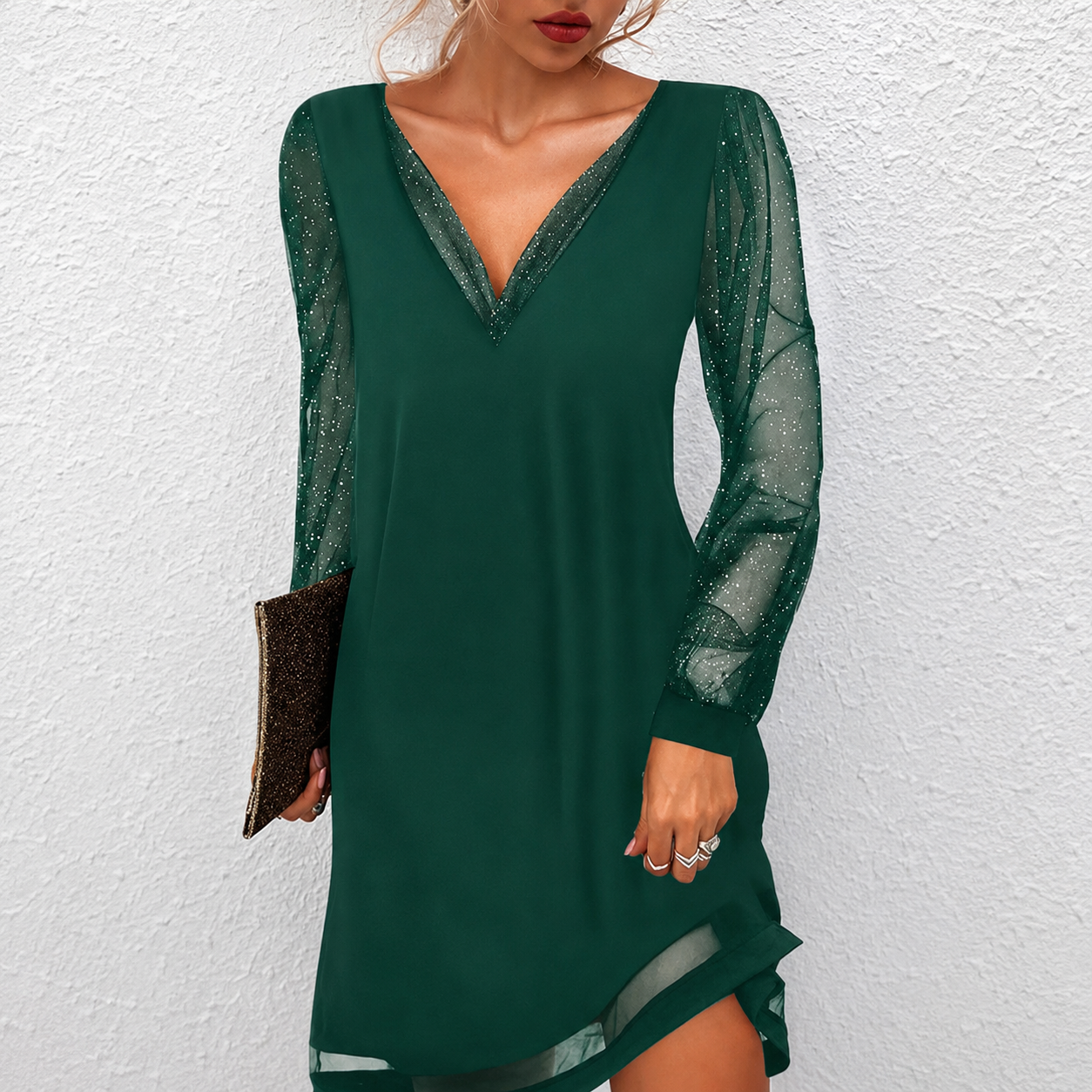 Mierra - Sophisticated V-Neck Short Dress