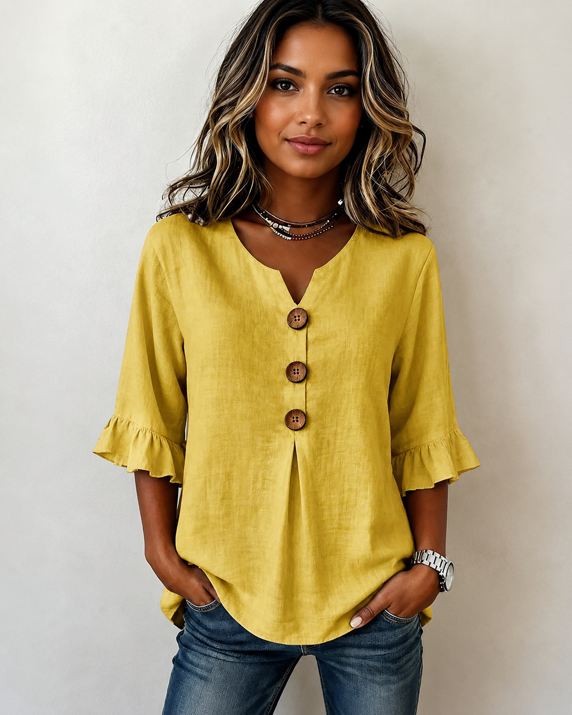Glenda - Trendy V-Neck Button Blouse