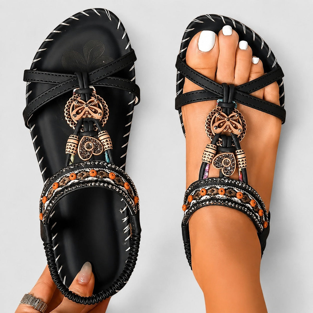 Eleanor - Stylish Rhinestone Flat Sandals