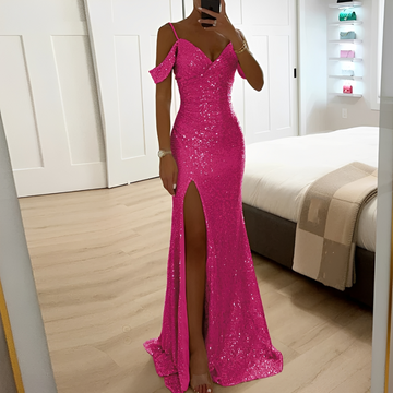 Lorena – Women's Evening Gown with Sequins, Open Shoulders and Slit