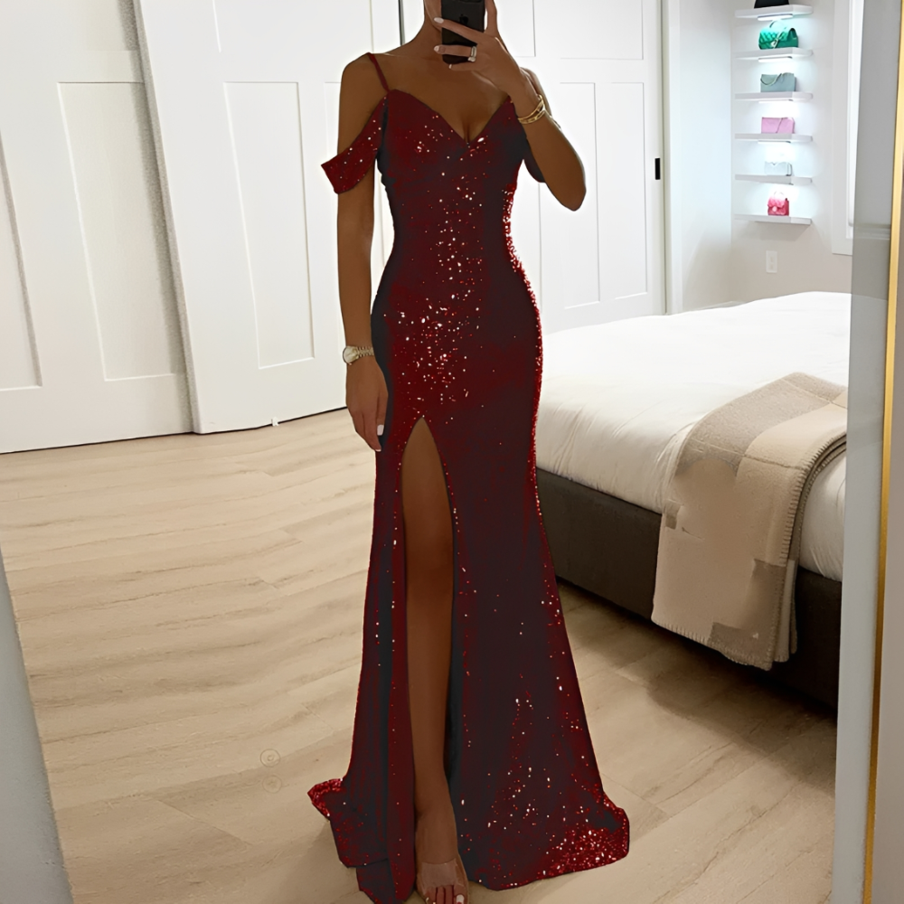 Lorena – Women's Evening Gown with Sequins, Open Shoulders and Slit