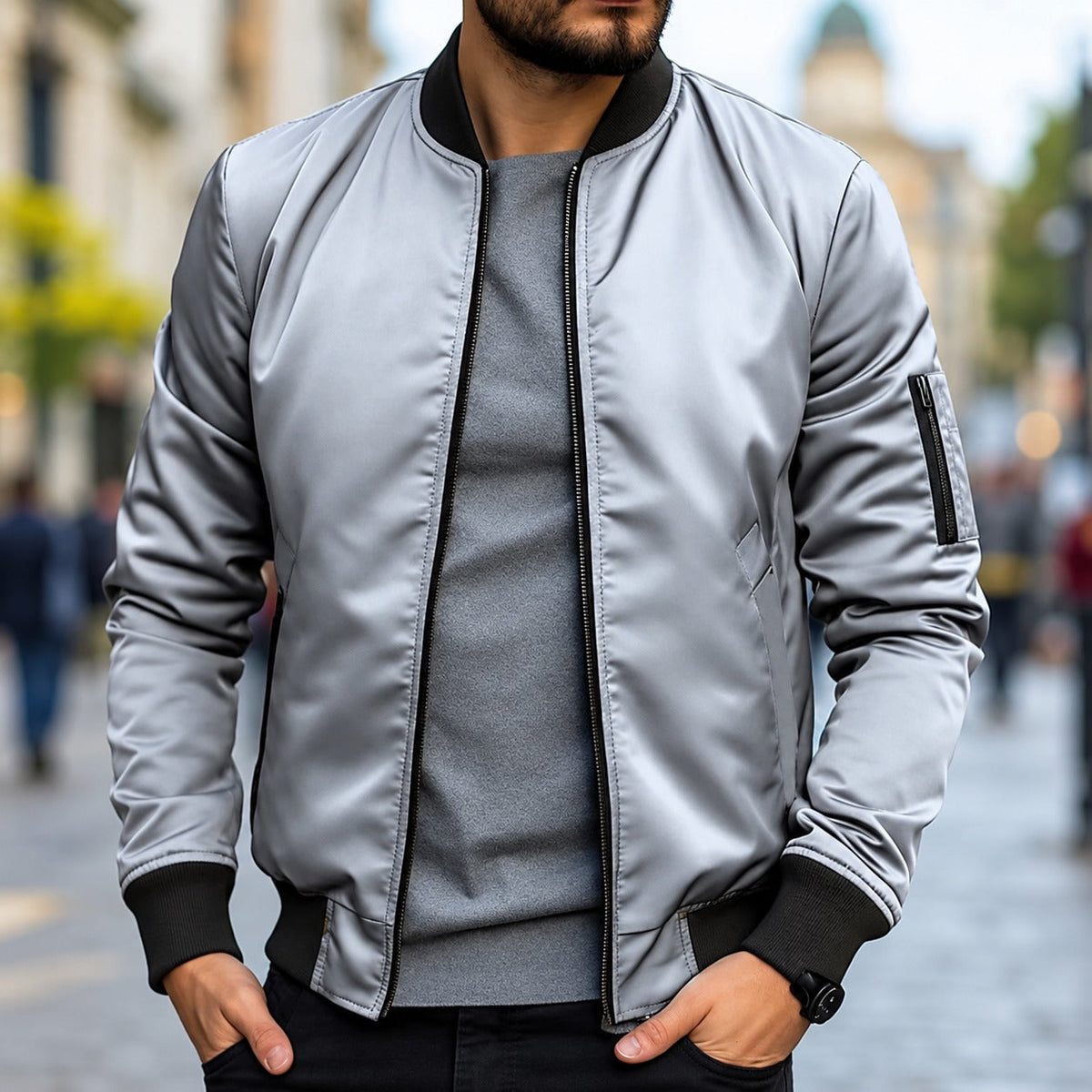 Bomber Jacket for Men - Classic Fit with Ribbed Cuffs and Zipper