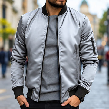 Bomber Jacket for Men - Classic Fit with Ribbed Cuffs and Zipper
