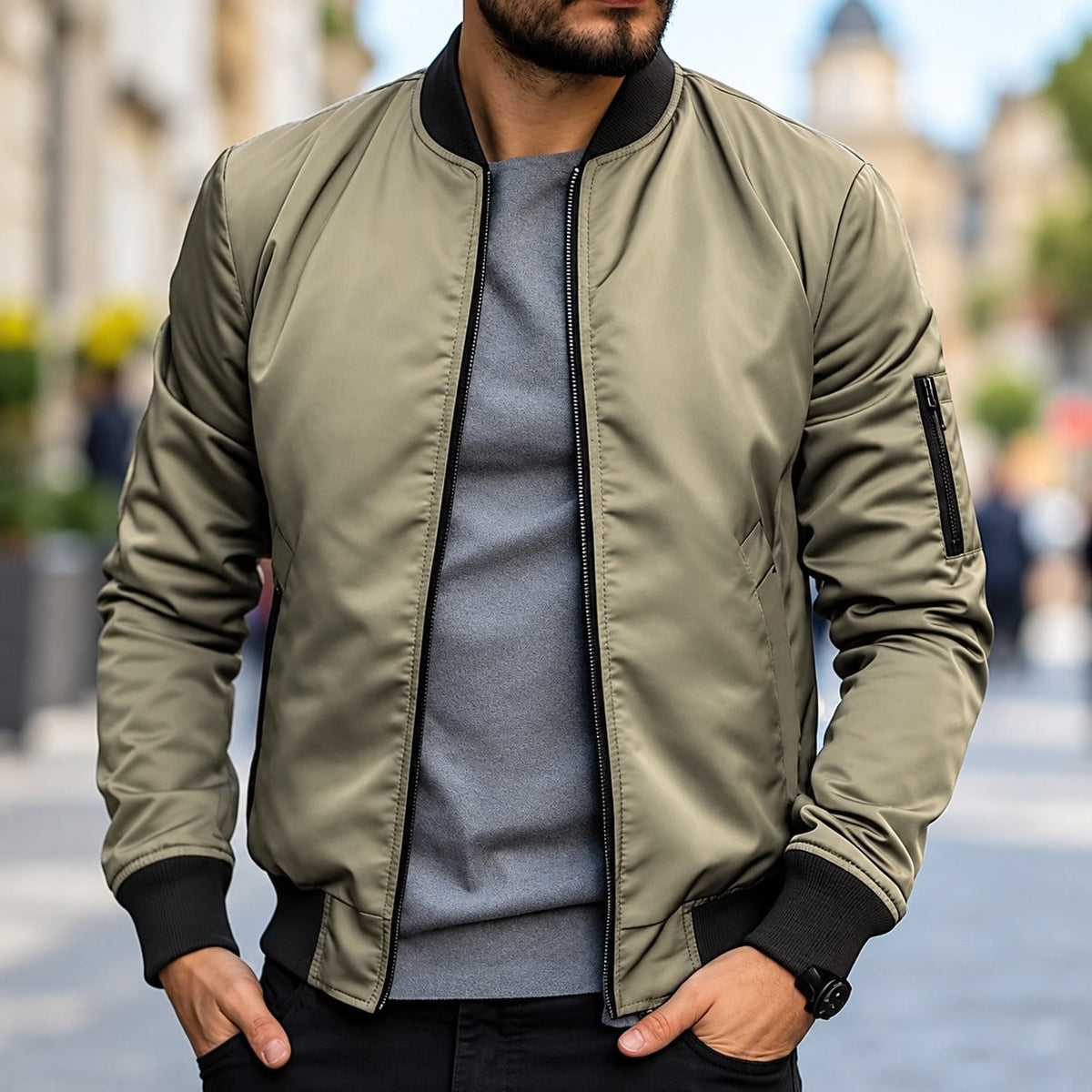 Bomber Jacket for Men - Classic Fit with Ribbed Cuffs and Zipper