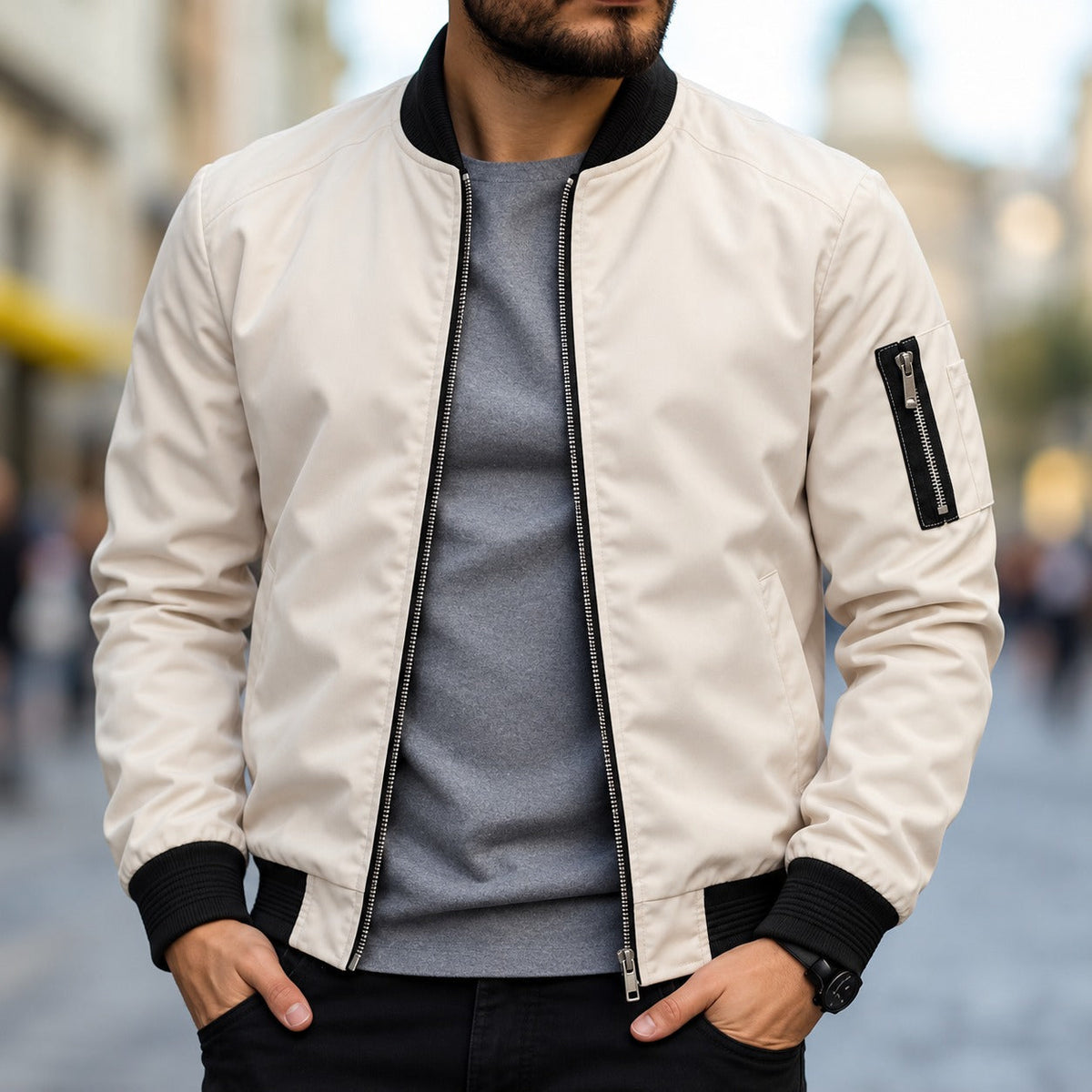 Bomber Jacket for Men - Classic Fit with Ribbed Cuffs and Zipper
