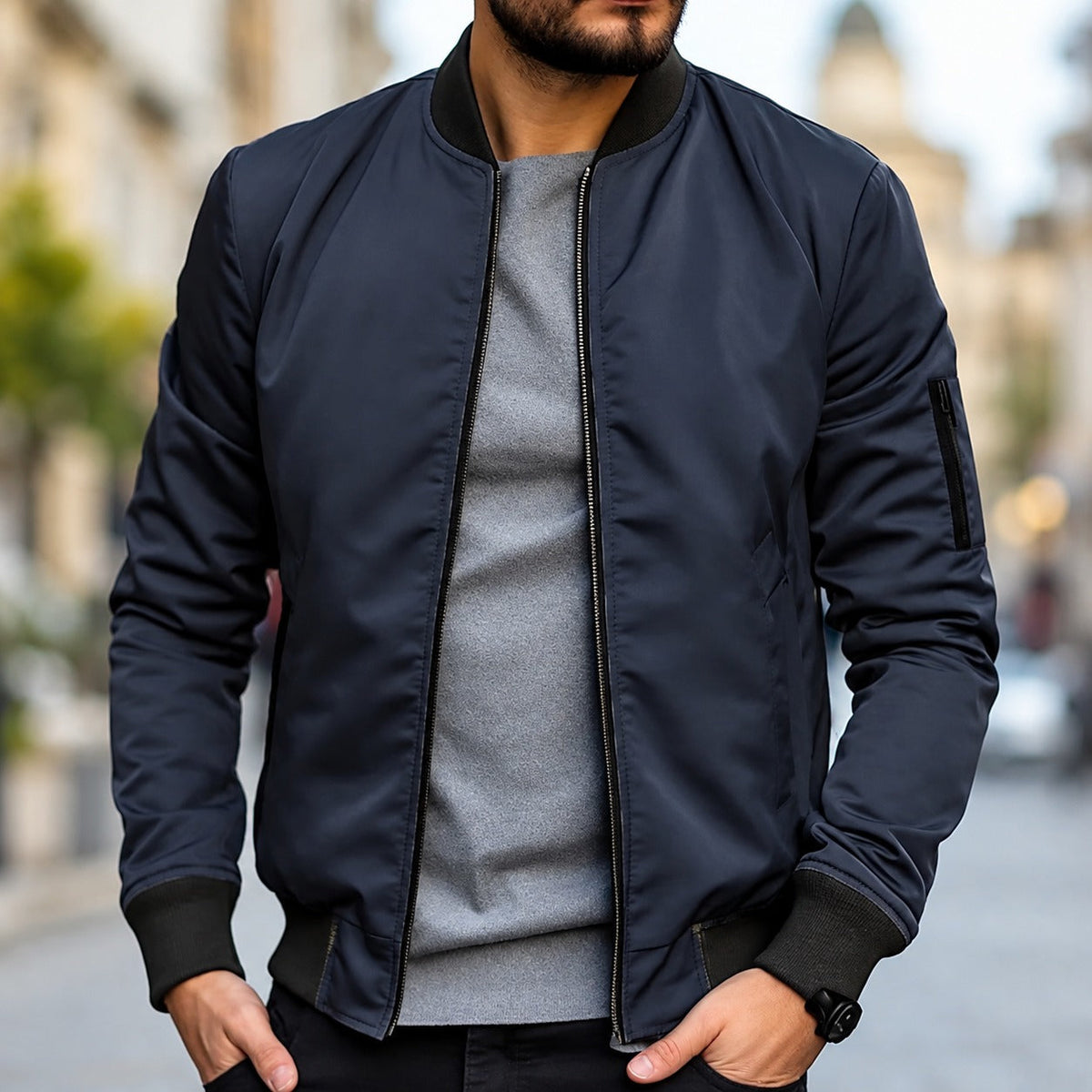 Bomber Jacket for Men - Classic Fit with Ribbed Cuffs and Zipper