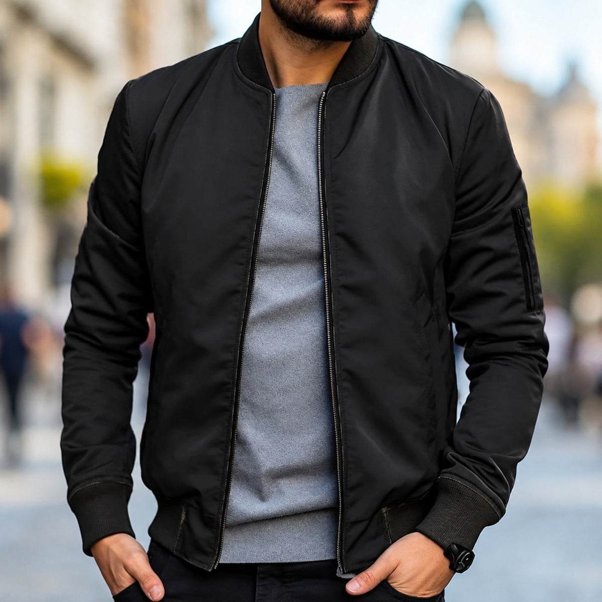 Bomber Jacket for Men - Classic Fit with Ribbed Cuffs and Zipper