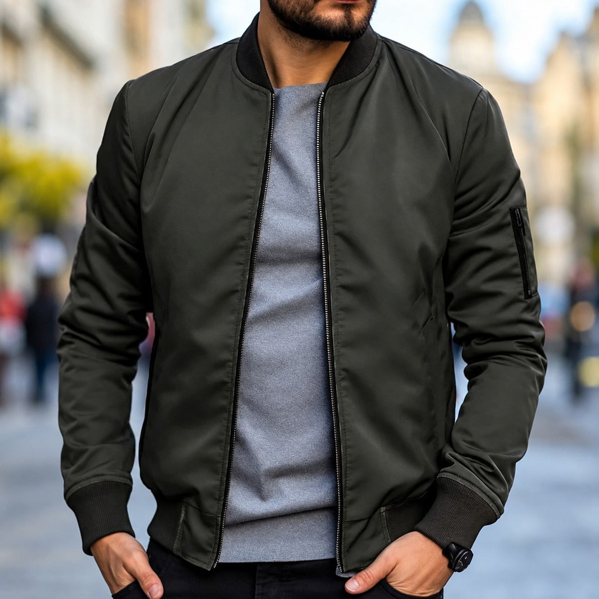 Bomber Jacket for Men - Classic Fit with Ribbed Cuffs and Zipper