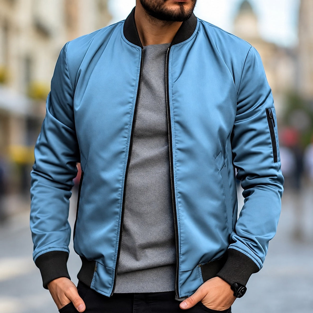 Bomber Jacket for Men - Classic Fit with Ribbed Cuffs and Zipper