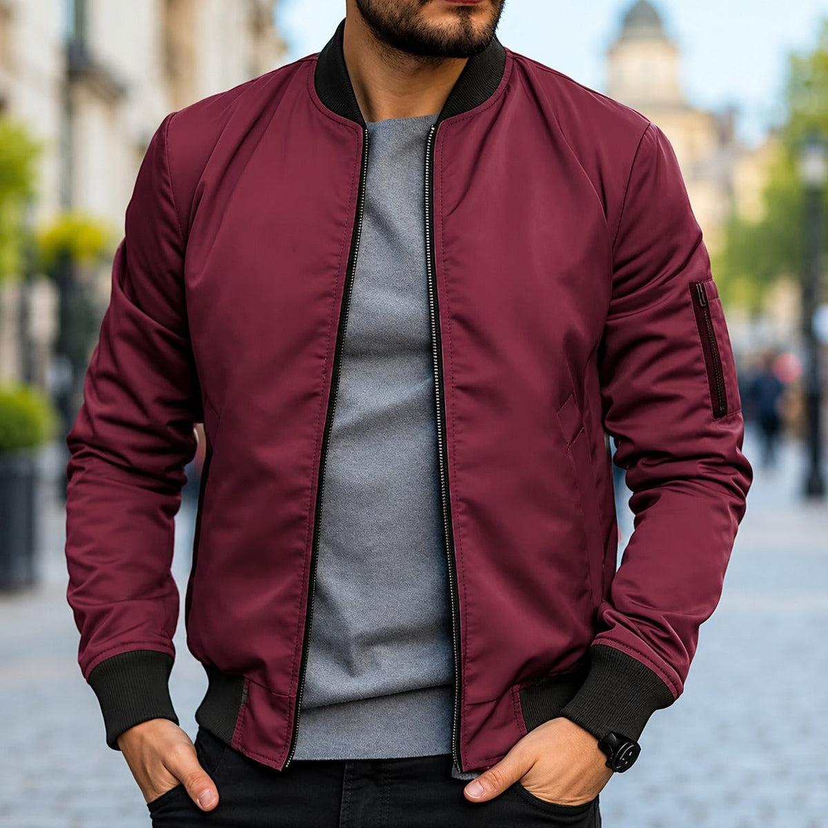 Bomber Jacket for Men - Classic Fit with Ribbed Cuffs and Zipper