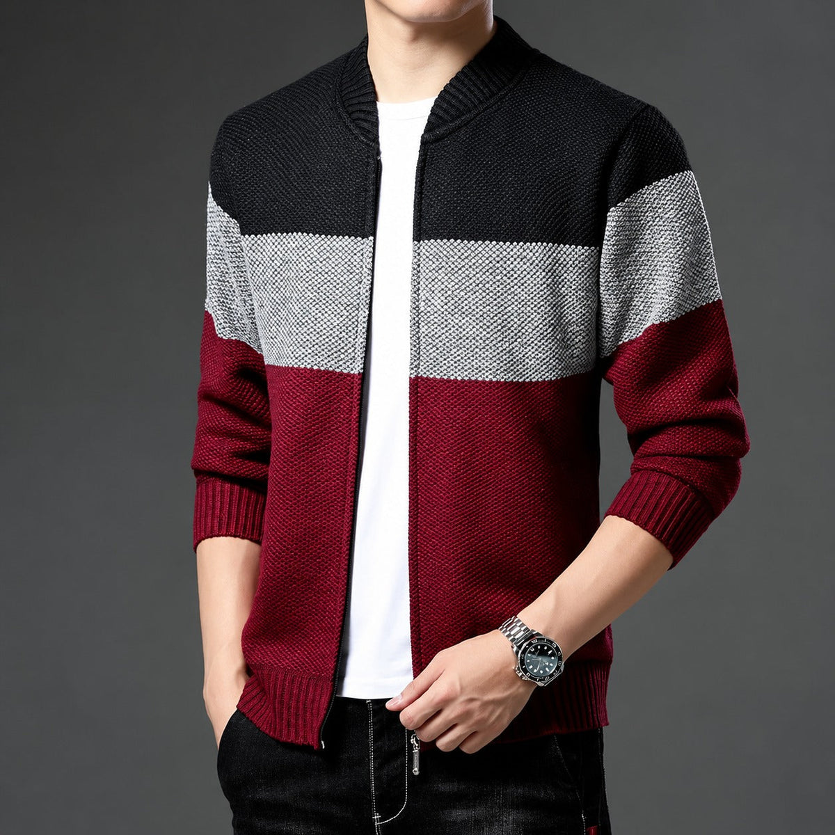 Men's Bomber Jacket Regular Fit with Color Block Design and Zipper