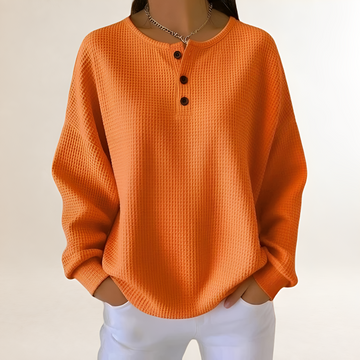 Women's Comfortable Sweater with Henley Button Placket - Relaxed Fit, Waffle Texture
