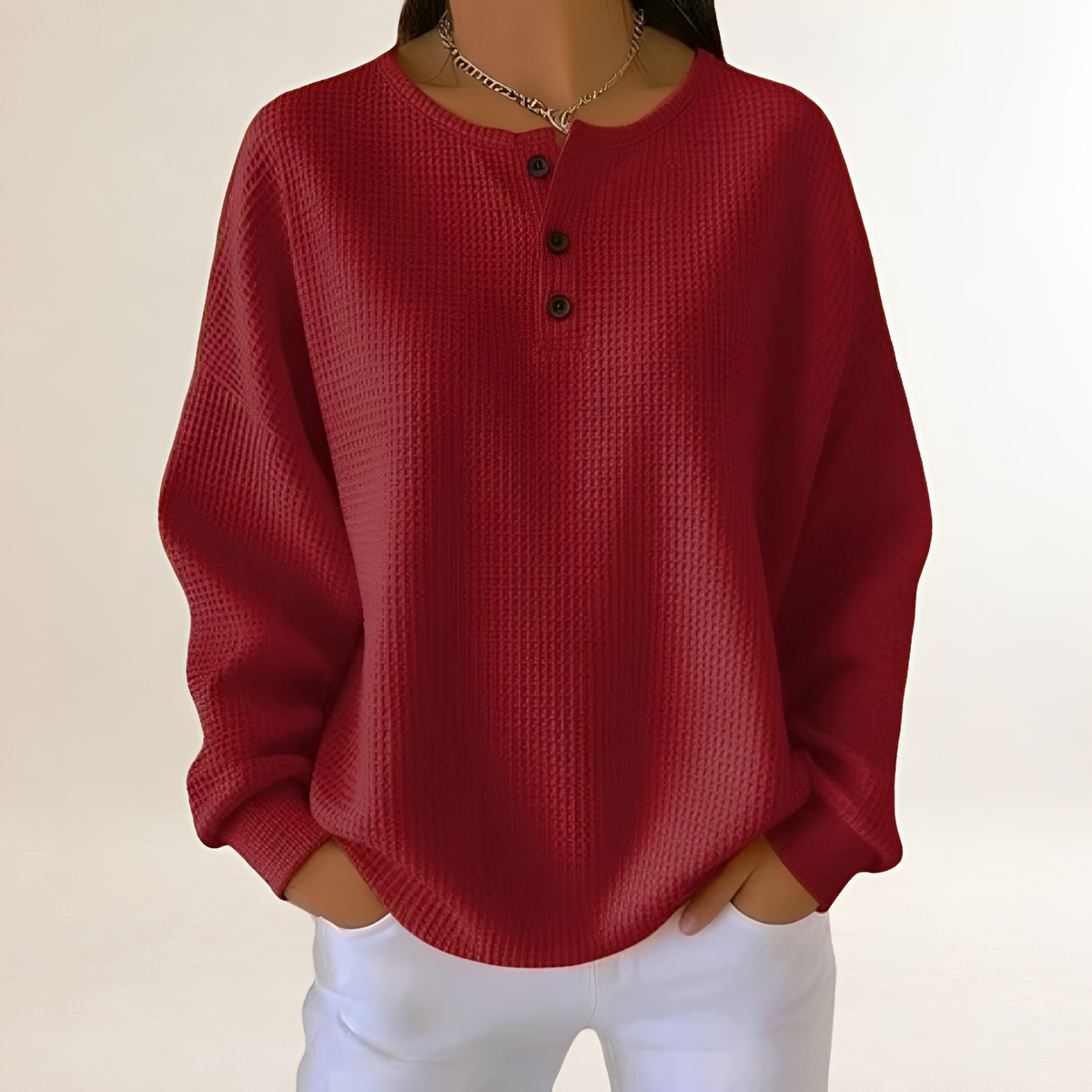 Women's Comfortable Sweater with Henley Button Placket - Relaxed Fit, Waffle Texture