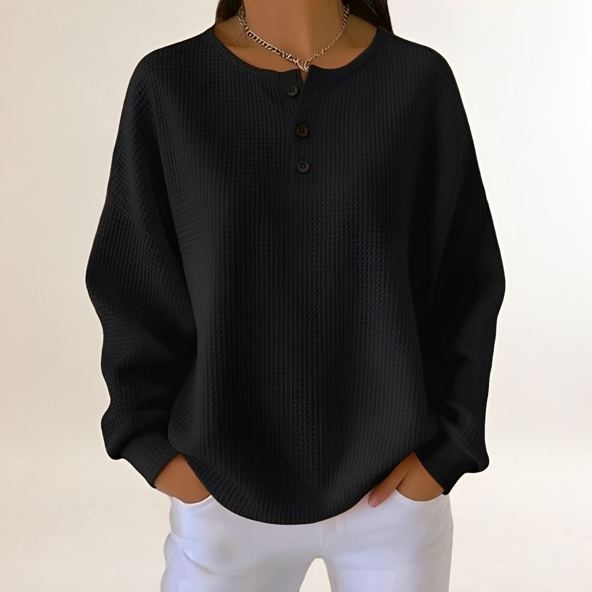 Women's Comfortable Sweater with Henley Button Placket - Relaxed Fit, Waffle Texture