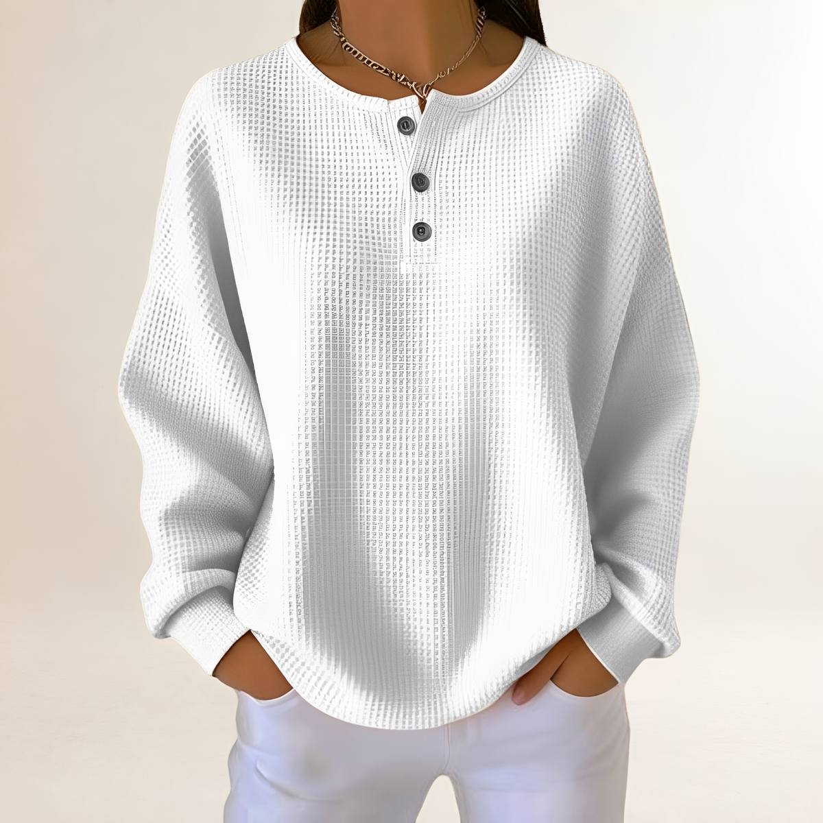 Women's Comfortable Sweater with Henley Button Placket - Relaxed Fit, Waffle Texture