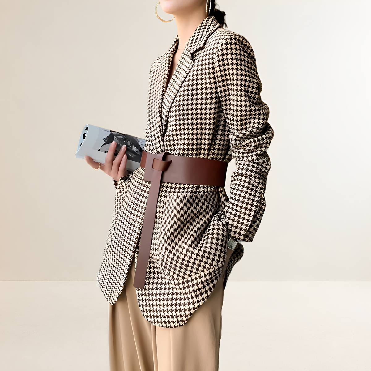 Women's blazer houndstooth pattern long sleeve belt regular fit