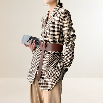 Women's blazer houndstooth pattern long sleeve belt regular fit
