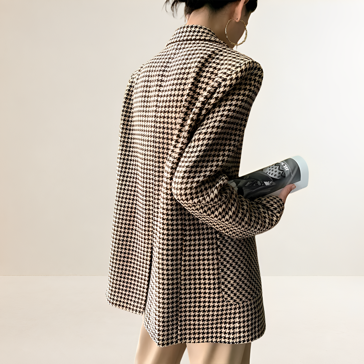 Women's blazer houndstooth pattern long sleeve belt regular fit