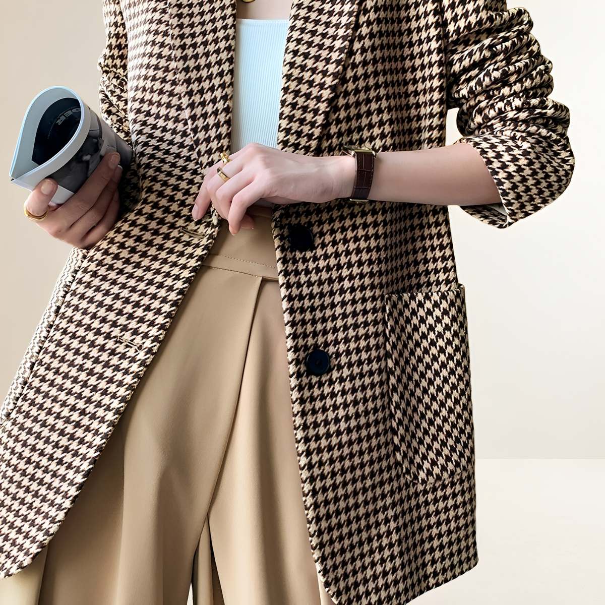 Women's blazer houndstooth pattern long sleeve belt regular fit
