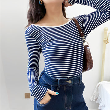 Women's bodysuit with open back long sleeve slim fit striped