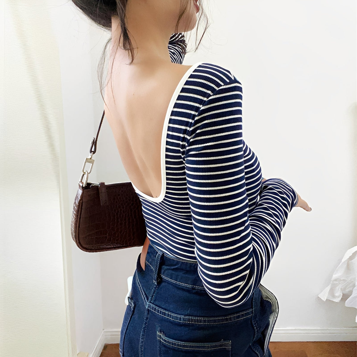 Women's bodysuit with open back long sleeve slim fit striped