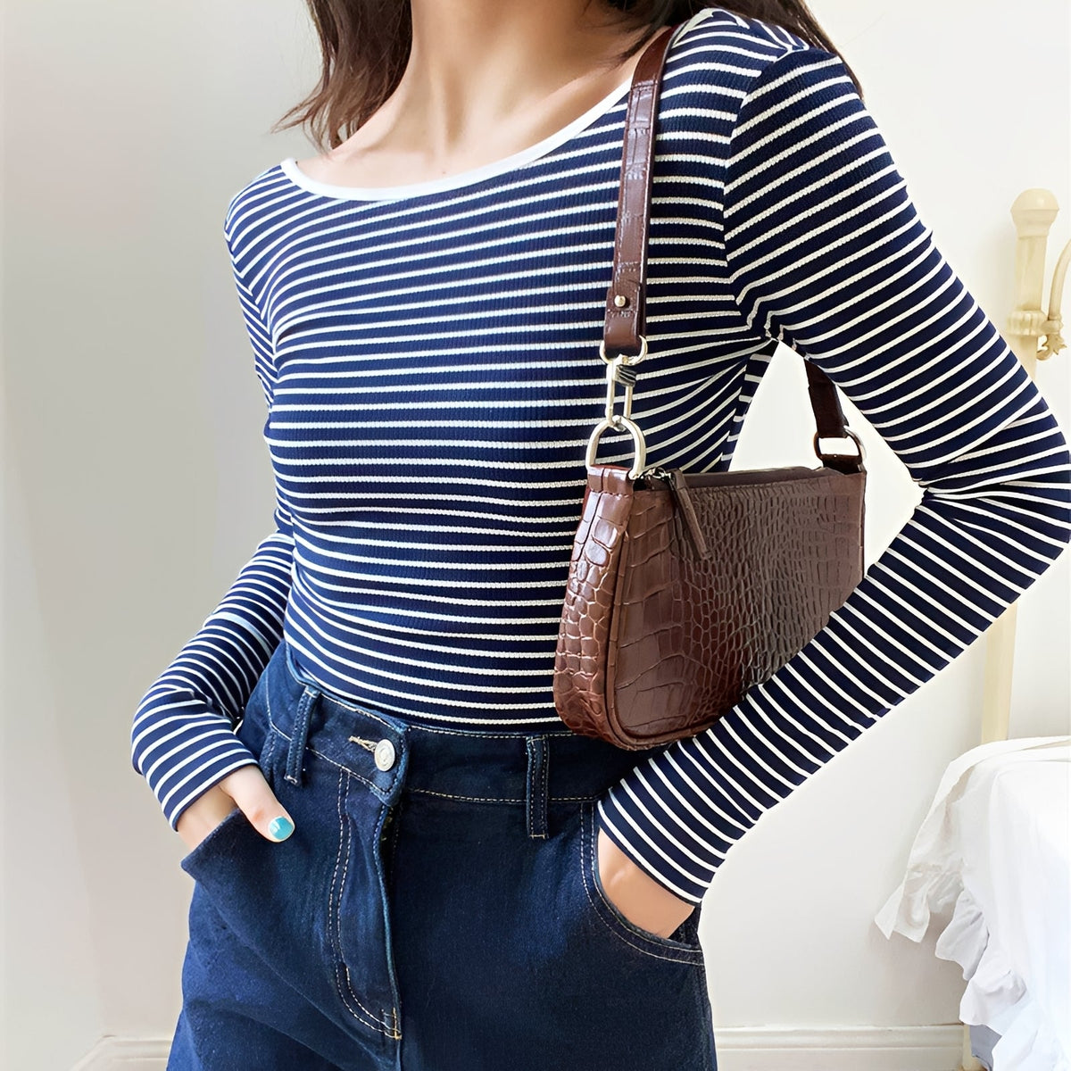 Women's bodysuit with open back long sleeve slim fit striped