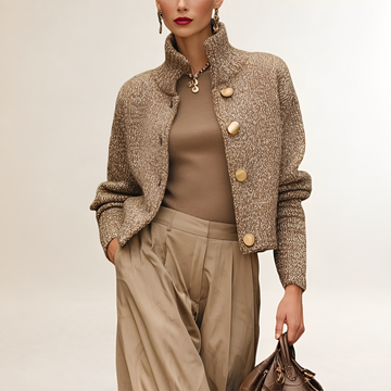 Women's Cardigan with High Collar and Button Closure - Loose Fit, Shorter Silhouette