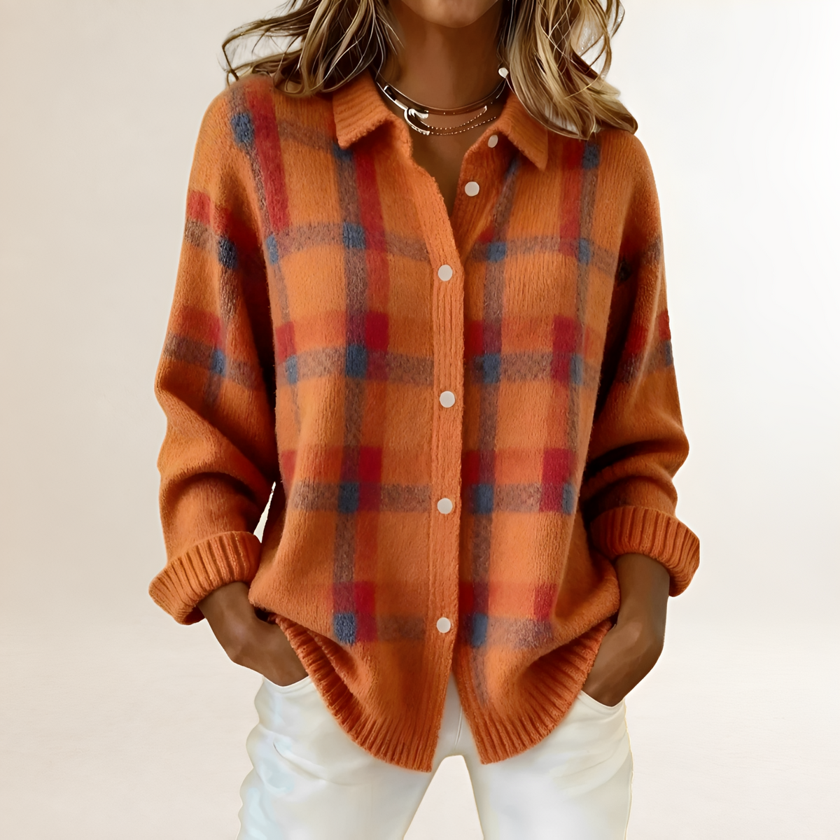 Women's Cardigan with Button Placket, Check Pattern, Loose Fit, Long Sleeves