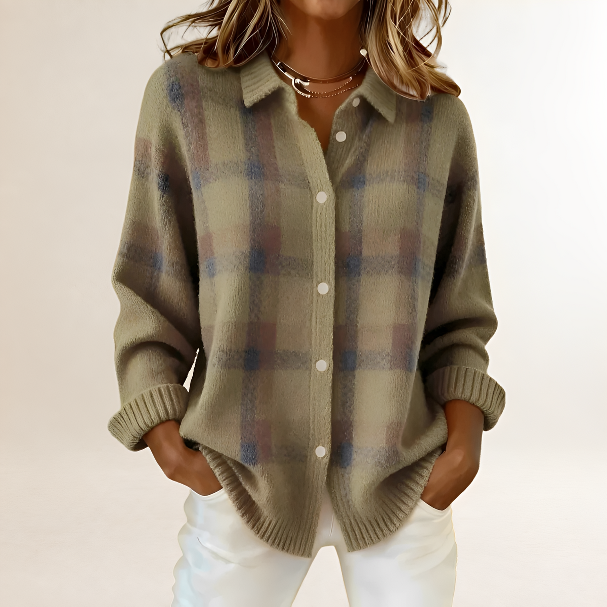 Women's Cardigan with Button Placket, Check Pattern, Loose Fit, Long Sleeves