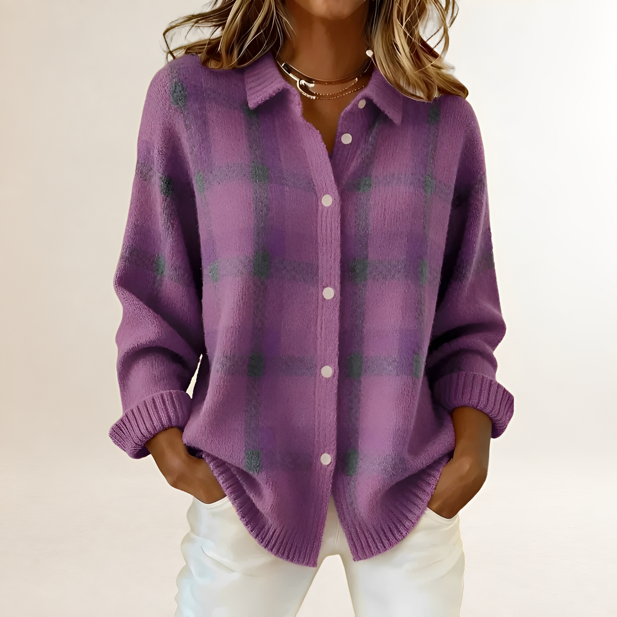Women's Cardigan with Button Placket, Check Pattern, Loose Fit, Long Sleeves