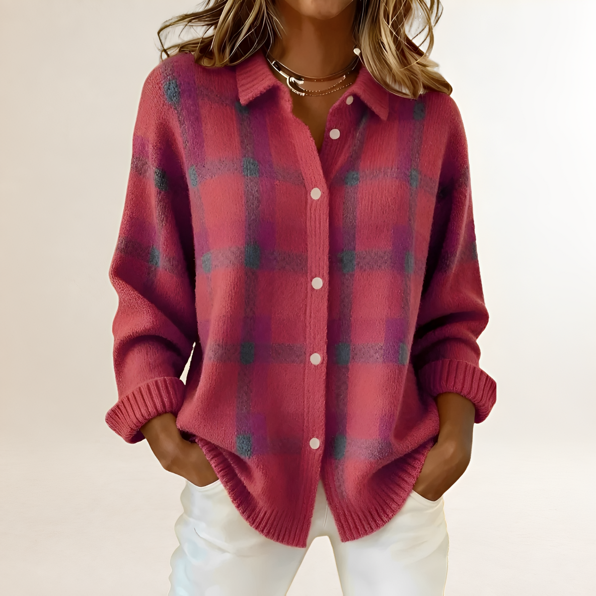 Women's Cardigan with Button Placket, Check Pattern, Loose Fit, Long Sleeves