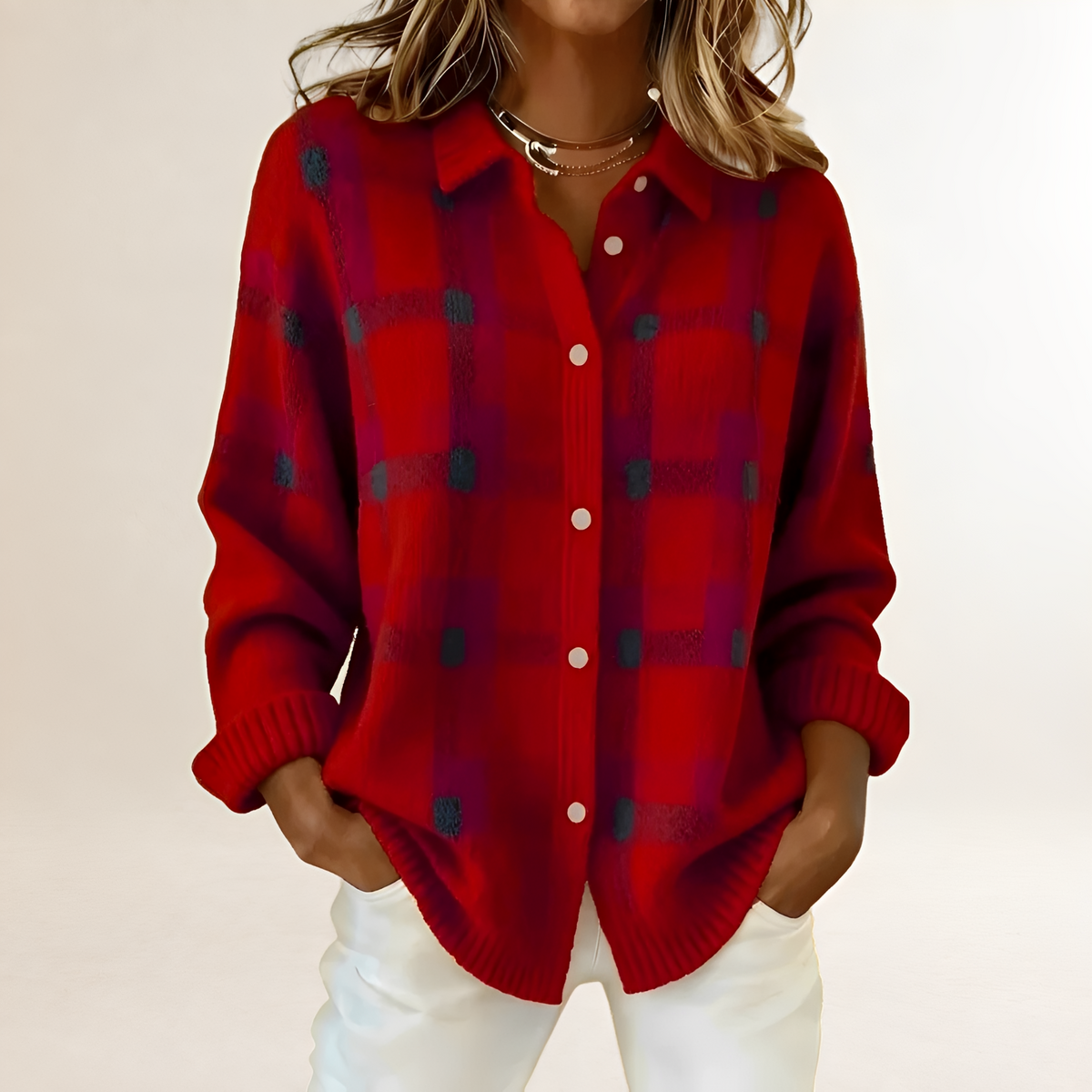 Women's Cardigan with Button Placket, Check Pattern, Loose Fit, Long Sleeves