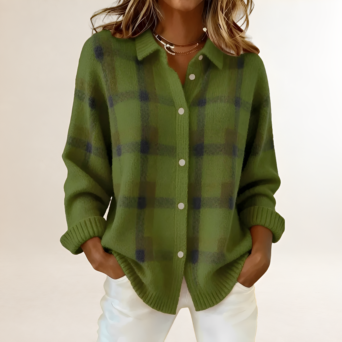 Women's Cardigan with Button Placket, Check Pattern, Loose Fit, Long Sleeves