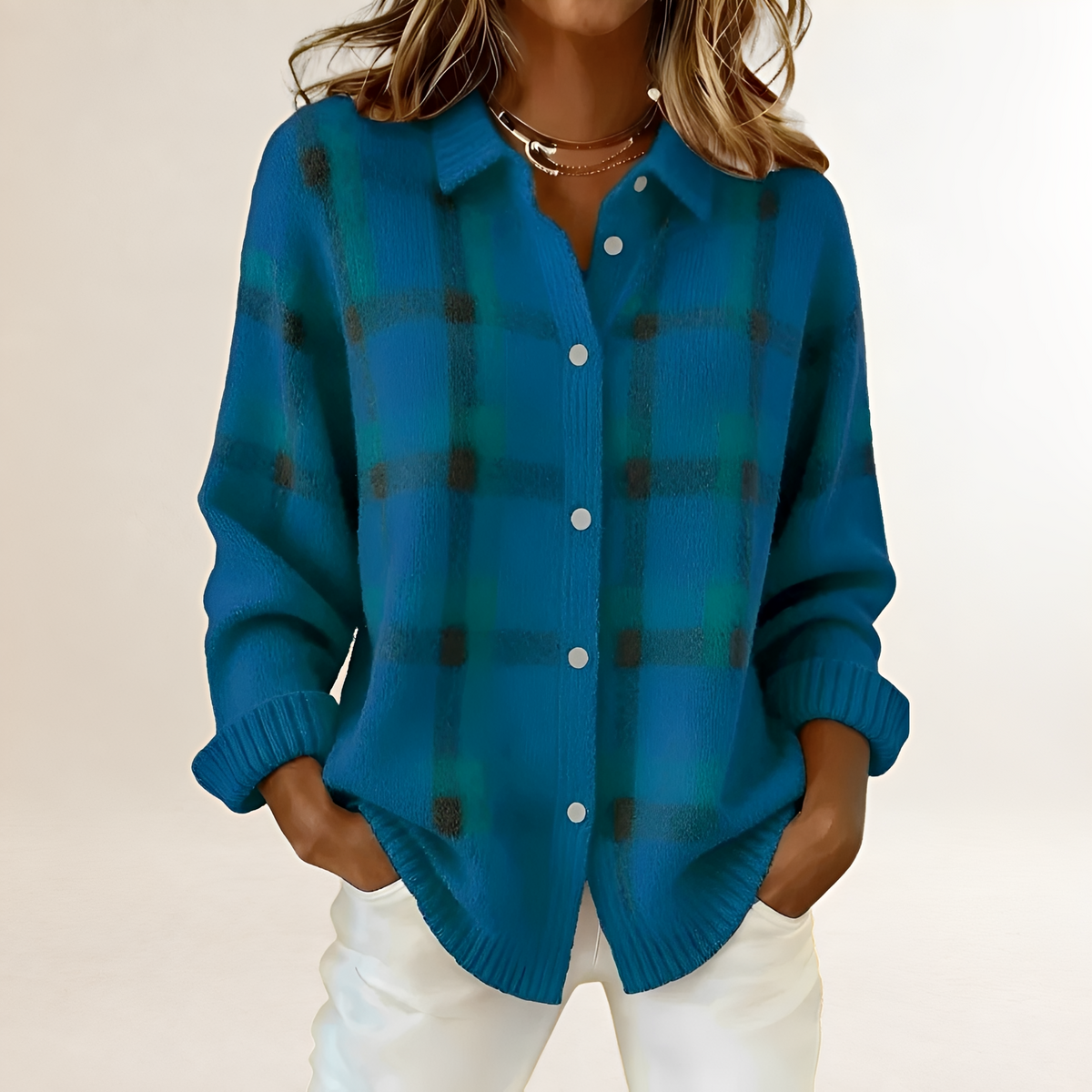Women's Cardigan with Button Placket, Check Pattern, Loose Fit, Long Sleeves