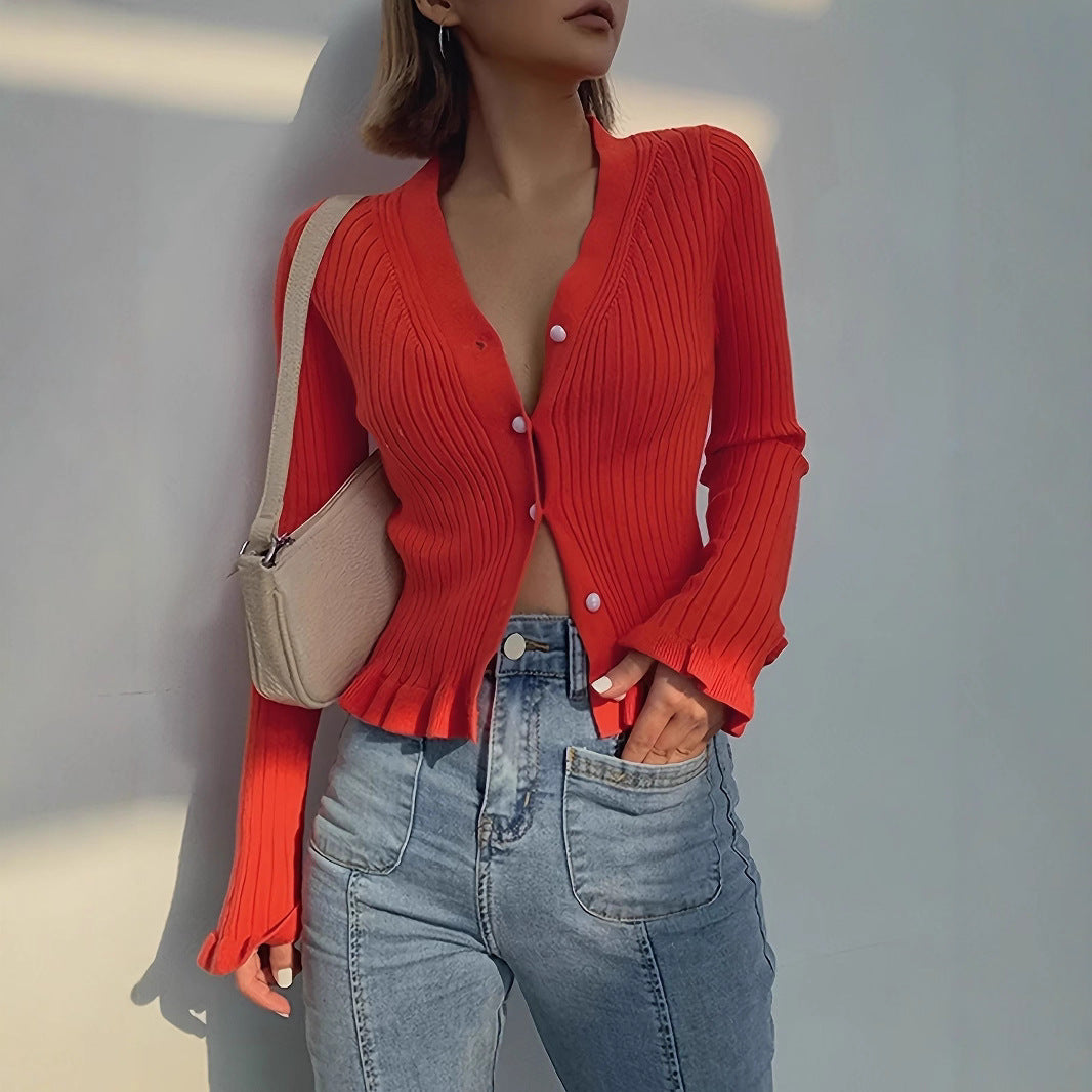 Women's cardigan with button placket and V-neck - slim fit with ruffle hem