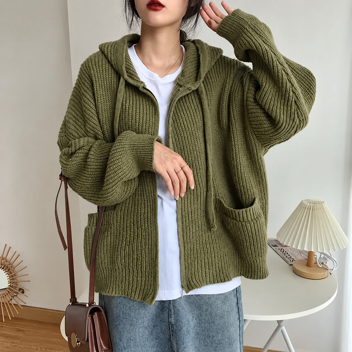 Women's Hooded Cardigan - Zipper with Pockets and Oversized Cut