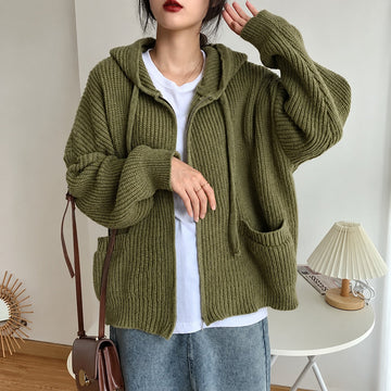 Women's Hooded Cardigan - Zipper with Pockets and Oversized Cut