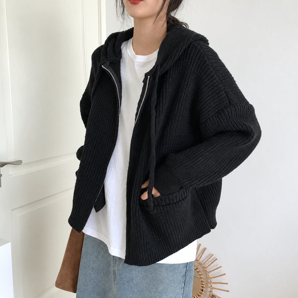 Women's Hooded Cardigan - Zipper with Pockets and Oversized Cut