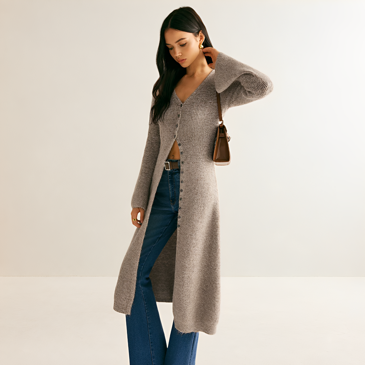 Women's dress V-neck button placket midi length loose fit