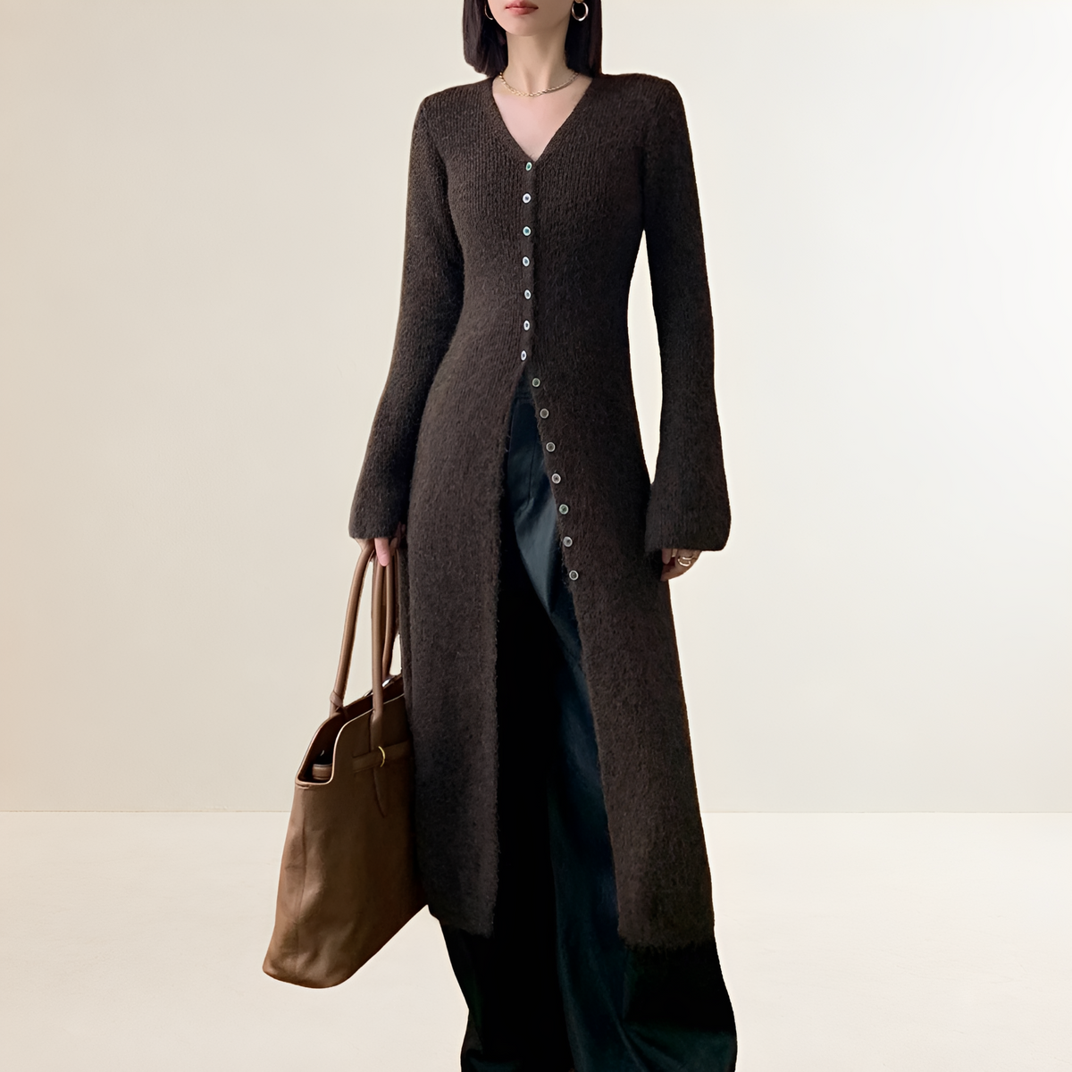 Women's dress V-neck button placket midi length loose fit