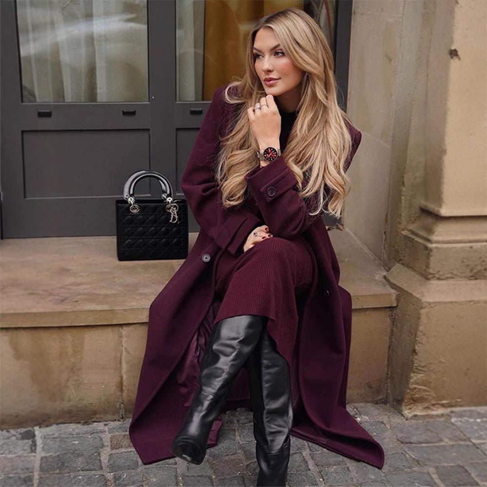 Women's Long Coat - Double-Breasted, Belt, Classic Lapel, Long Sleeves