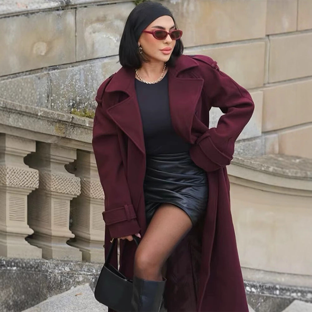 Women's Long Coat - Double-Breasted, Belt, Classic Lapel, Long Sleeves