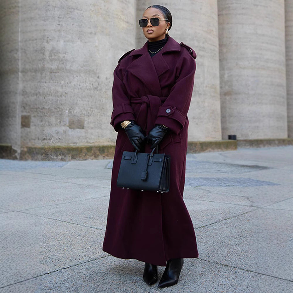 Women's Long Coat - Double-Breasted, Belt, Classic Lapel, Long Sleeves