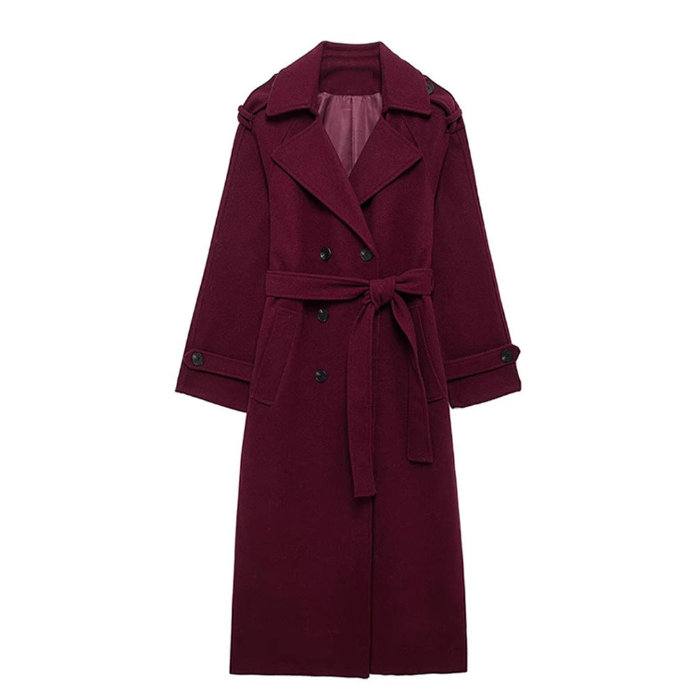 Women's Long Coat - Double-Breasted, Belt, Classic Lapel, Long Sleeves