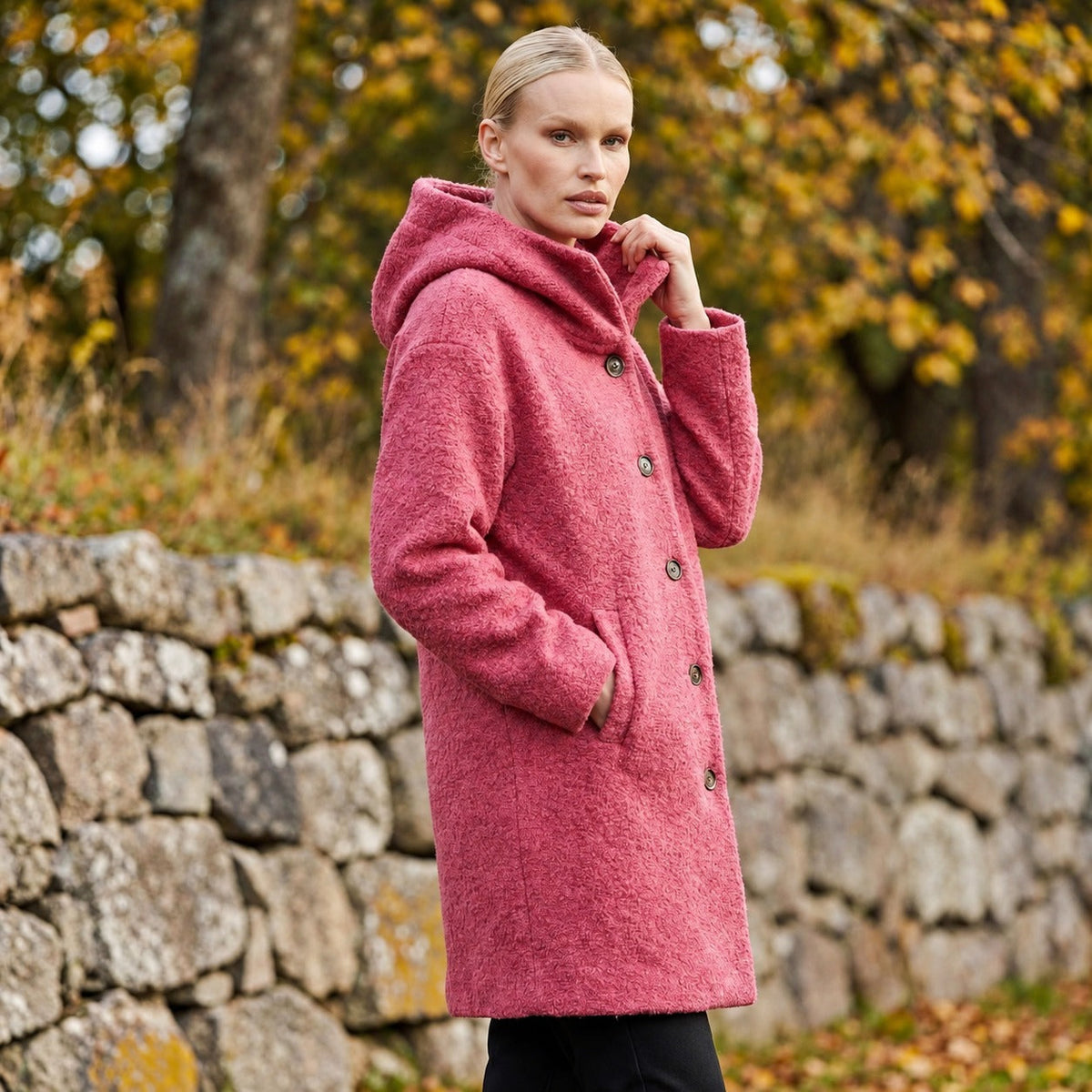 Women's Longcoat with Hood and Button Closure - Relaxed Fit