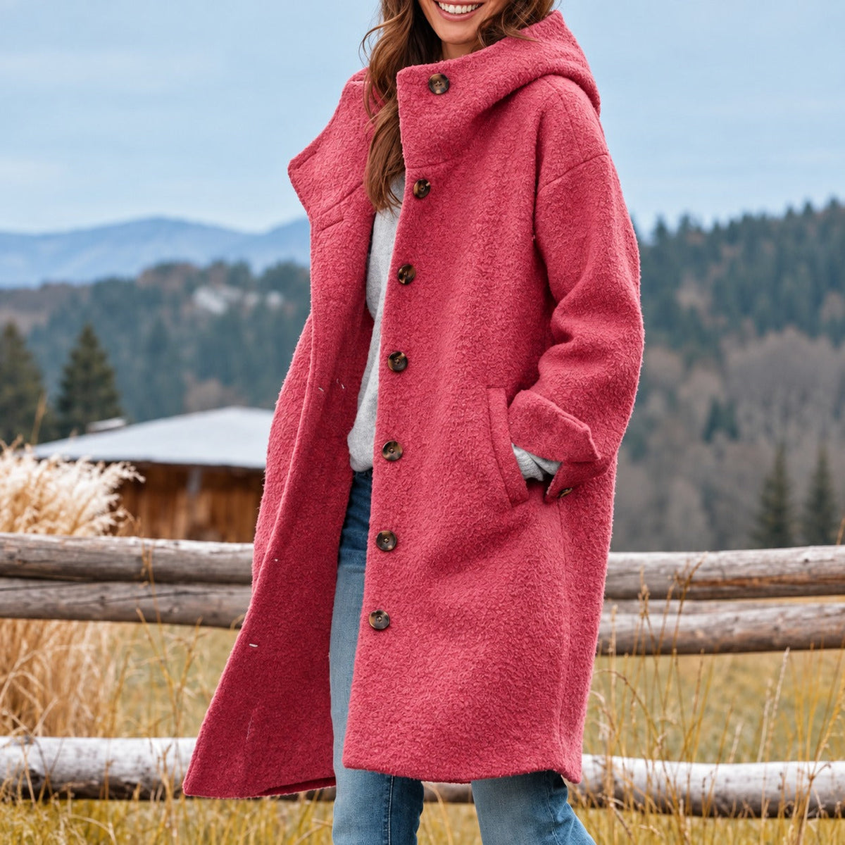 Women's Longcoat with Hood and Button Closure - Relaxed Fit