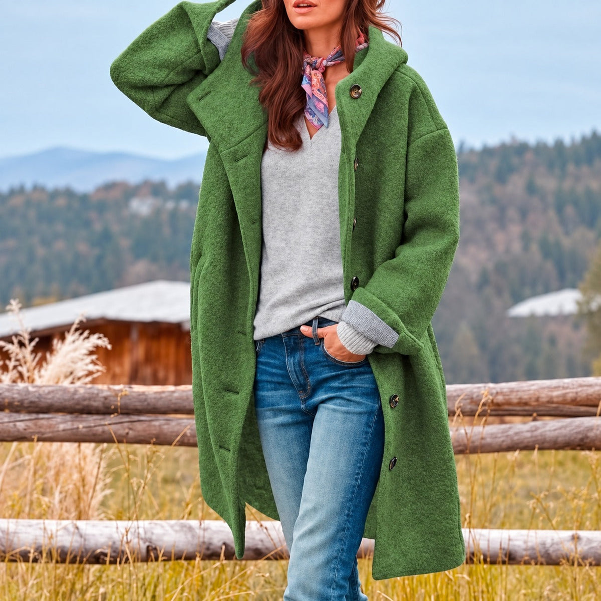 Women's Longcoat with Hood and Button Closure - Relaxed Fit
