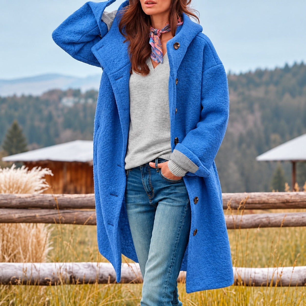Women's Longcoat with Hood and Button Closure - Relaxed Fit