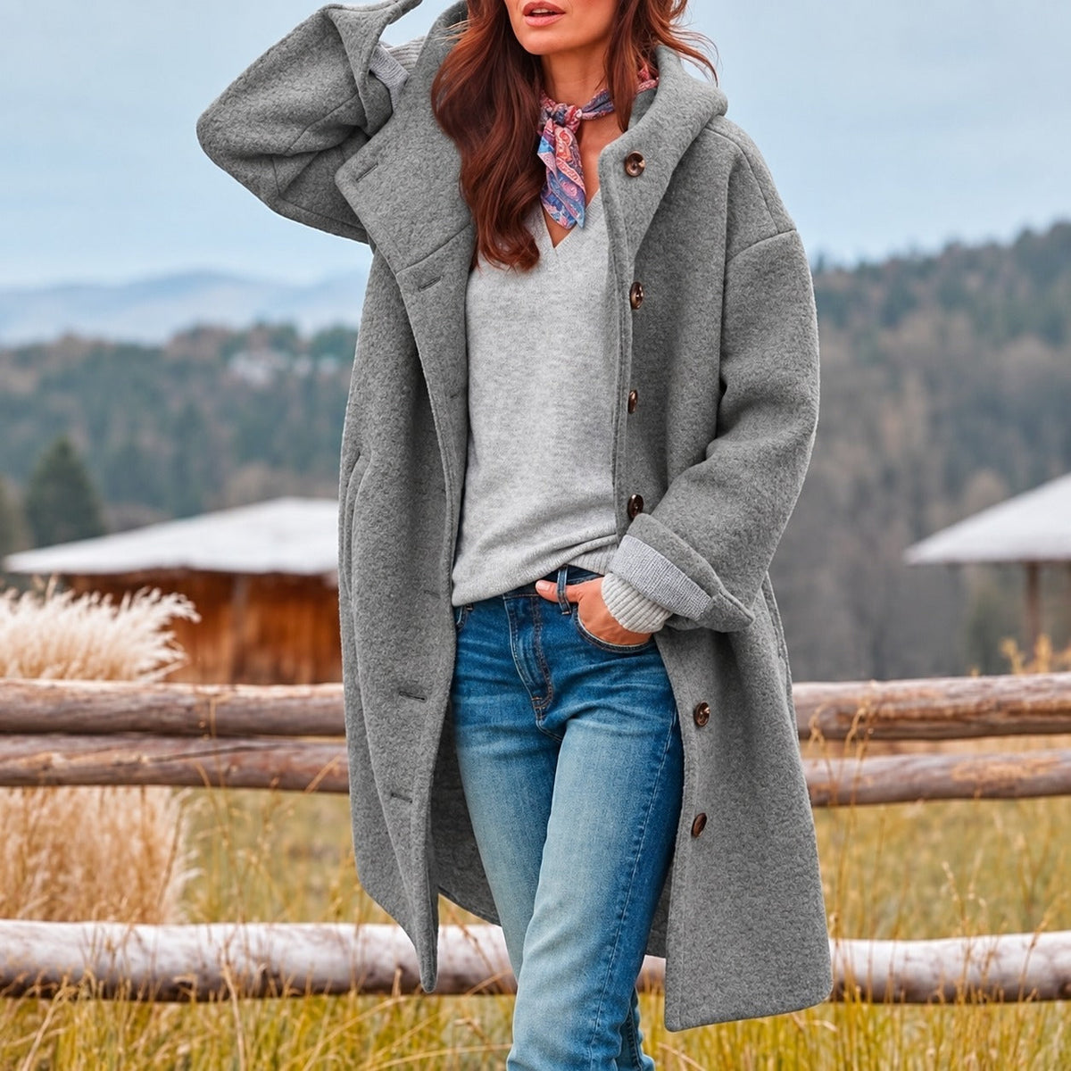 Women's Longcoat with Hood and Button Closure - Relaxed Fit